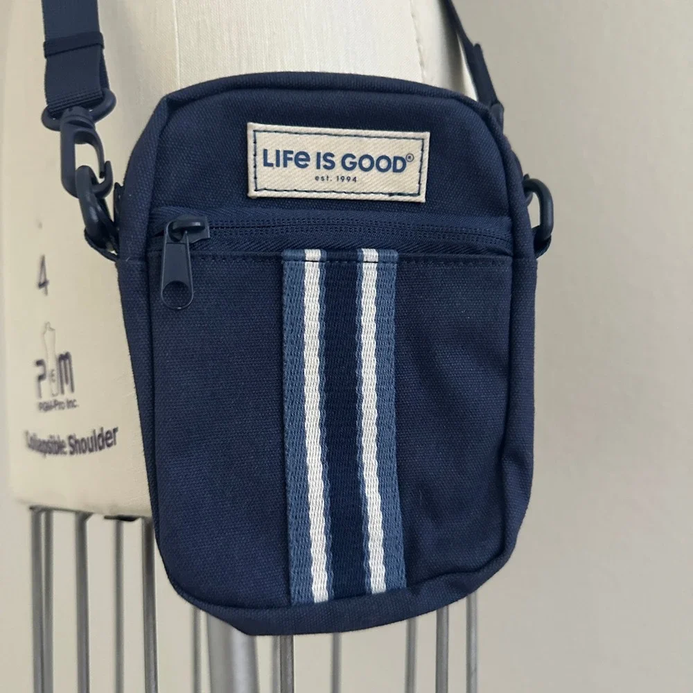 Life is Good Crossbody Bag Small OS Blue Striped Canvas Utility Pouch Travel